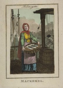 बिलिंग्सगेट में मैकेरल विक्रेता, 1804 (हाथ से बने उत्कीर्णन)